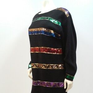 Vintage Womens Black Sequin Sweater Oversized Dress Size Medium Mob wife